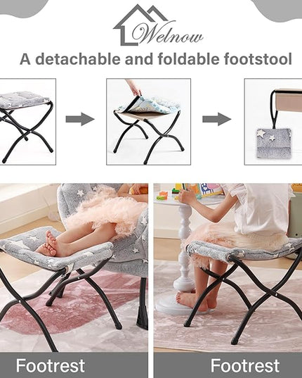 Welnow Toddler Kids Lazy Chair with Ottoman, Glow in The Dark Accent Comfy Lounge Children Armchair Couch with Removable Cover, Detachable Reading Chair with Footrest for Boy or Girl, Grey Star - LeafyLoom