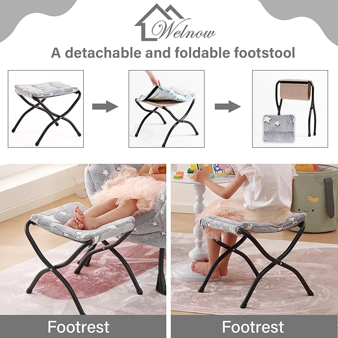 Welnow Toddler Kids Lazy Chair with Ottoman, Glow in The Dark Accent Comfy Lounge Children Armchair Couch with Removable Cover, Detachable Reading Chair with Footrest for Boy or Girl, Grey Star - LeafyLoom