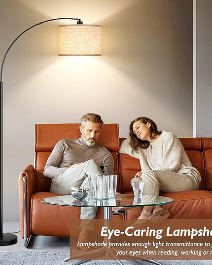 Arc Floor Lamps for Living Room, Modern Standing Lamp with Adjustable Hanging Drum Shade, 79'' Black Tall Pole Lamp with Weighted Base & Edison E26 Socket, Corner Light for Reading Bedroom Office - LeafyLoom