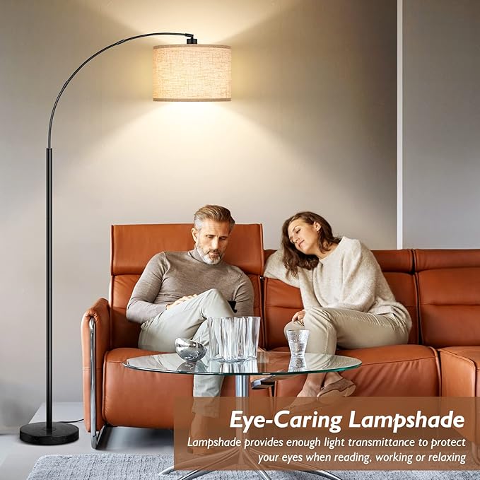 Arc Floor Lamps for Living Room, Modern Standing Lamp with Adjustable Hanging Drum Shade, 79'' Black Tall Pole Lamp with Weighted Base & Edison E26 Socket, Corner Light for Reading Bedroom Office - LeafyLoom