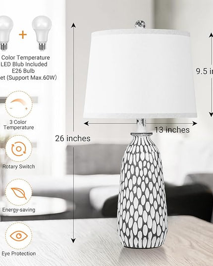 QiMH Modern Coastal Table Lamps for Bedroom Set of 2, Bedside Lamp with White Shade, Gray White Resin Nightstand Lamp for Living Room Home Lighting Decor,3-Color Temperature LED Bulbs Included - LeafyLoom