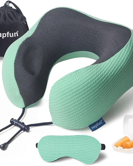 napfun Neck Pillow for Traveling, Upgraded Travel Neck Pillow for Airplane 100% Pure Memory Foam Travel Pillow for Flight Headrest Sleep, Portable Plane Accessories, Striped Turquoise - LeafyLoom
