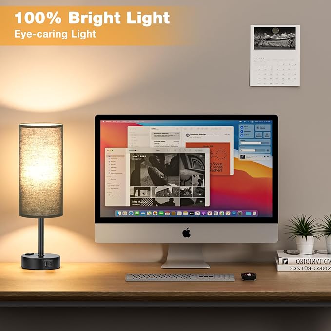 Black Touch Table Lamps Set - 3 Way Dimmable Bedroom Bedside Lamps Set of 2 with USB C and A Ports, Small Lamps for Nightstand with AC Outlet, Round Flaxen Shade for Desk, Office, Dorm, Nursery - LeafyLoom