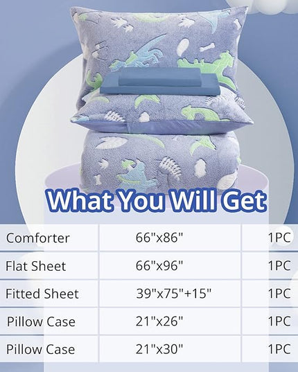 HOMBYS Glow in The Dark Comforter Set 5 Piece Twin/Twin XL with Sheets, Blue Dinosaur Velvet Bedding Comforter Sets for Twin Bed, Ultra Soft Down Alternative Comforter for Boys Kids, Bed in a Bag - LeafyLoom