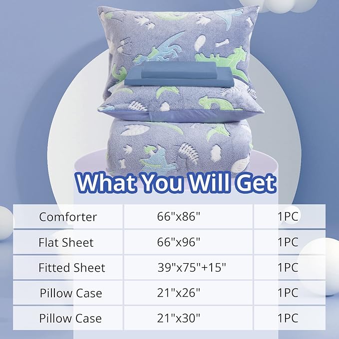 HOMBYS Glow in The Dark Comforter Set 5 Piece Twin/Twin XL with Sheets, Blue Dinosaur Velvet Bedding Comforter Sets for Twin Bed, Ultra Soft Down Alternative Comforter for Boys Kids, Bed in a Bag - LeafyLoom