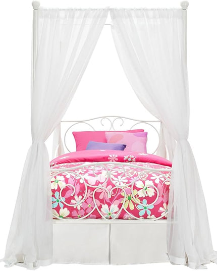 DHP Metal Canopy Kids Platform Bed with Four Poster Design, Scrollwork Headboard and Footboard, Underbed Storage Space, No Box Sring Needed, Twin, White - LeafyLoom