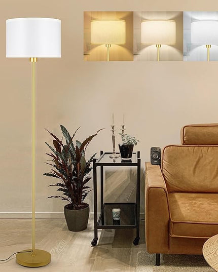 BoostArea Floor Lamp Standing Lamp Gold, 59" Tall Lamps for Living Room, Simple Pole Lamp with White Shade, On/Off Foot Pedal, Bright Dimming Lamp for Kids Room Bedroom Office Decor(9W Bulb Included) - LeafyLoom