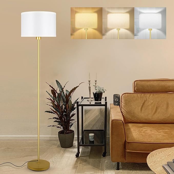 BoostArea Floor Lamp Standing Lamp Gold, 59" Tall Lamps for Living Room, Simple Pole Lamp with White Shade, On/Off Foot Pedal, Bright Dimming Lamp for Kids Room Bedroom Office Decor(9W Bulb Included) - LeafyLoom