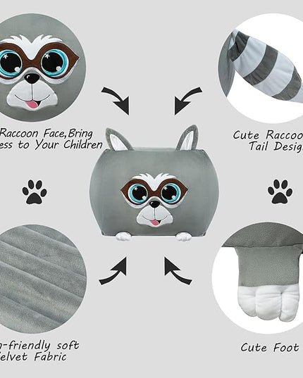 Cute Raccoon Toy Organizers and Storage for Kids Room Decor, Childrens Bean Bag Chairs, Extra Large Size, Velvet Super Soft Cover Only - LeafyLoom