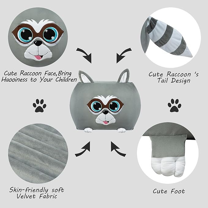 Cute Raccoon Toy Organizers and Storage for Kids Room Decor, Childrens Bean Bag Chairs, Extra Large Size, Velvet Super Soft Cover Only - LeafyLoom