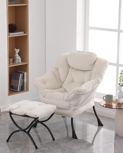 Lazy Chair with Ottoman, Modern Soft Reading Chair Accent Contemporary Lounge Leisure Sofa Chair with Armrests and a Side Pocket for Living Room, Bedroom, Dorm & Office, Beige - LeafyLoom