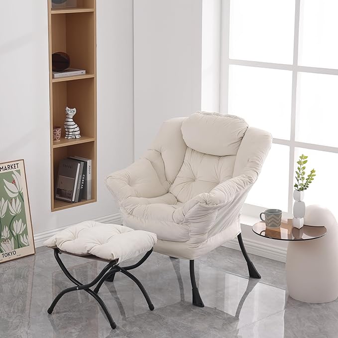 Lazy Chair with Ottoman, Modern Soft Reading Chair Accent Contemporary Lounge Leisure Sofa Chair with Armrests and a Side Pocket for Living Room, Bedroom, Dorm & Office, Beige - LeafyLoom