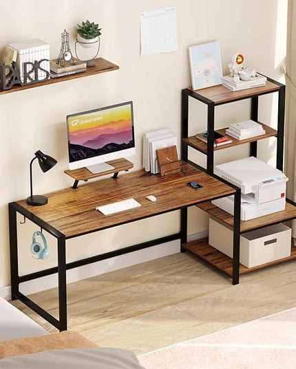 GreenForest Computer Desk 67 inch with Storage Printer Shelf Reversible Home Office Desk Large Study Writing Table with Movable Monitor Stand and 2 Headphone Hooks for PC Gaming Working, Walnut - LeafyLoom