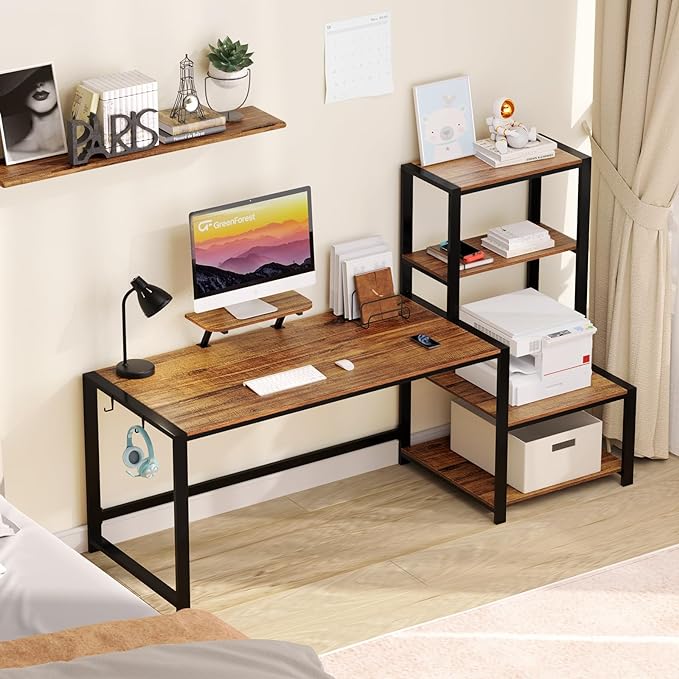 GreenForest Computer Desk 67 inch with Storage Printer Shelf Reversible Home Office Desk Large Study Writing Table with Movable Monitor Stand and 2 Headphone Hooks for PC Gaming Working, Walnut - LeafyLoom