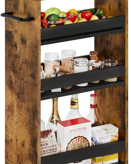 TEAMIX 4 Tier Slim Storage Cart with Handle, Slide Out Storage Rolling Utility Cart Mobile Shelving Unit Organizer Trolley for Small Spaces Kitchen Laundry Narrow Places (Brown+Black, 7-7/8'' W) - LeafyLoom
