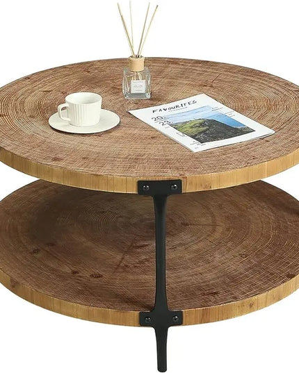 Round Boho Wood Coffee Table - 29.1" Farmhouse Natural Circle Wooden 2-Tier Coffee Tables Living Room Furniture, Natural Wood Color, 29.1" D x 18.3" H - LeafyLoom