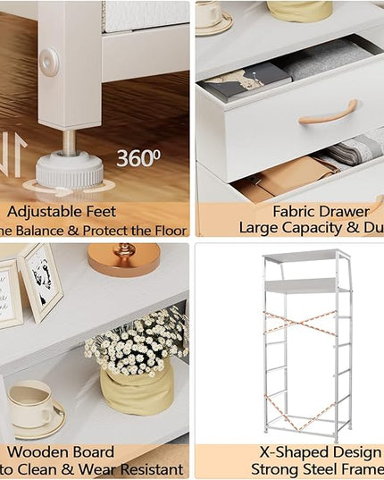 Furnulem White Dresser with 5 Drawers, Vertical Storage Tower Fabric Dresser for Bedroom, Hallway, Entryway, Nursery, Closet Organizer, Nightstand Bedside Table Furniture, Sturdy Steel Frame, Wood Top - LeafyLoom