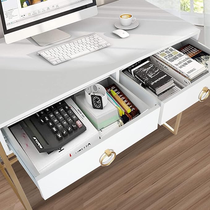 Anmytek Home Office Writing Desk 2 Drawers Storage, Contemporary Makeup Vanity Table Study Desk, W/Matte White and Gold Finish Frame D0003 - LeafyLoom