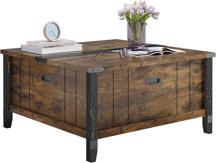 Bestier Farmhouse Coffee Table, Square Wood Center Table with Large Hidden Storage Compartment for Living Room, Rustic Cocktail Table with Hinged Lift Top for Home,Rustic Brown - LeafyLoom