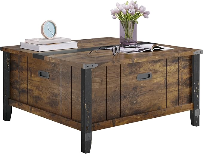 Bestier Farmhouse Coffee Table, Square Wood Center Table with Large Hidden Storage Compartment for Living Room, Rustic Cocktail Table with Hinged Lift Top for Home,Rustic Brown - LeafyLoom