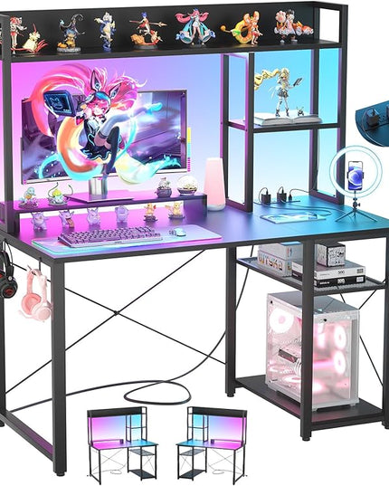 Cyclysio Gaming Desk with Hutch, 39'' Computer Desk with LED Lights & Power Outlets, Home Office Desk with Reversible 5 Tiers Storage Shelves & Monitor Stand, Small Gaming Table for Small Space, Black - LeafyLoom