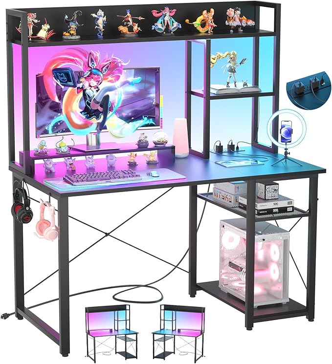 Cyclysio Gaming Desk with Hutch, 39'' Computer Desk with LED Lights & Power Outlets, Home Office Desk with Reversible 5 Tiers Storage Shelves & Monitor Stand, Small Gaming Table for Small Space, Black - LeafyLoom