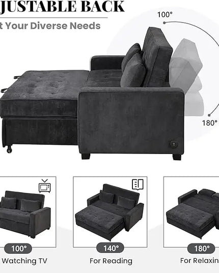3 in 1 Multi-Functional Pull Out Sofa Bed , Velvet Upholstered Convertible Sleeper Loveseat Couch Guest Daybed with Adjustable Backrest and Dual USB Charging Port for Living Room Office RV Furniture - LeafyLoom