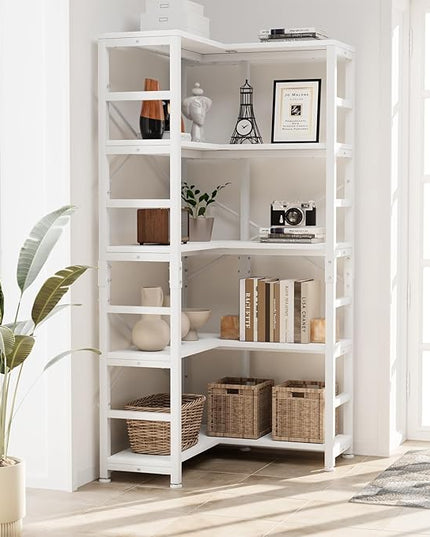 NUMENN 5 Tier Corner Bookshelf, Modern Corner Bookcase, Large Open Shelf Bookcase, Tall Bookshelves Storage Display Rack for Bedroom, Living Room and Home Office, White - LeafyLoom