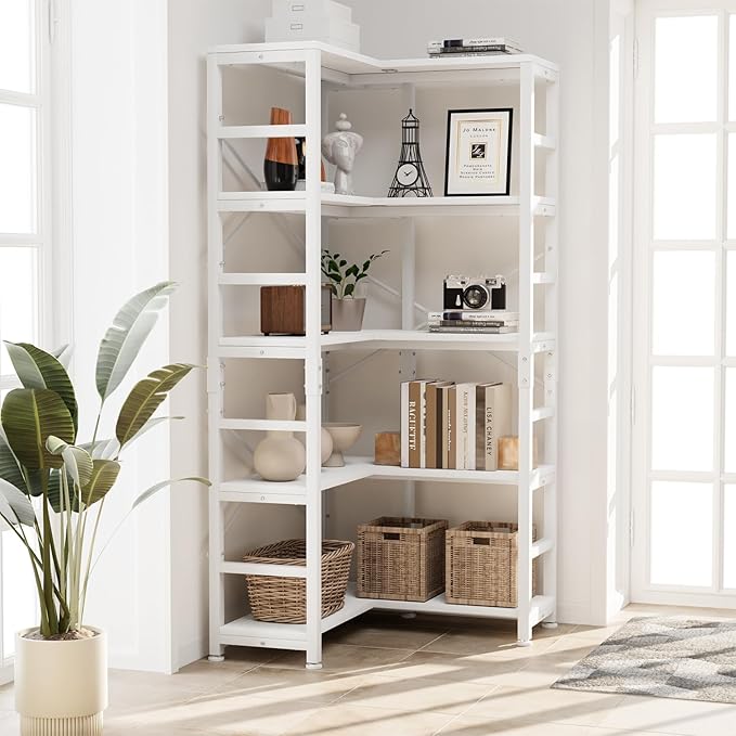 NUMENN 5 Tier Corner Bookshelf, Modern Corner Bookcase, Large Open Shelf Bookcase, Tall Bookshelves Storage Display Rack for Bedroom, Living Room and Home Office, White - LeafyLoom
