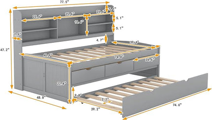 Twin Size Captain Bed with 3 Storage Drawers and Trundle, Wood Twin Bed Frame with Built-in Bookshelves for Kids Teens Adults, Light Gray - LeafyLoom