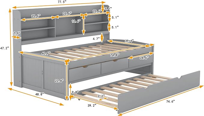 Twin Size Captain Bed with 3 Storage Drawers and Trundle, Wood Twin Bed Frame with Built-in Bookshelves for Kids Teens Adults, Light Gray - LeafyLoom