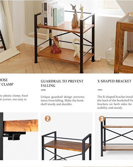 Rustic Bookshelf, 2 Tier Real Wood Bookshelf, Metal Book Shelf for Storage, Black Bookcase, 12.6" D x 23.62" W x 22.83" H - LeafyLoom