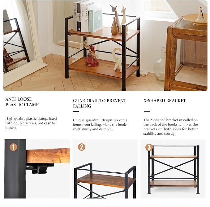 Rustic Bookshelf, 2 Tier Real Wood Bookshelf, Metal Book Shelf for Storage, Black Bookcase, 12.6" D x 23.62" W x 22.83" H - LeafyLoom