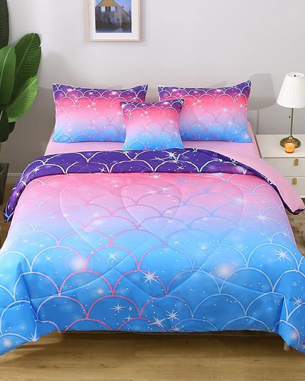 JQinHome Twin Size Mermaid Comforter Set, 6 Piece Bed in A Bag 3D Colorful Bedding Set for Girls kids (1 Comforter,2 Pillowcases,1 Flat Sheet,1 Fitted Sheet,1 Cushion Cover)(Pink Mermaid Scale) - LeafyLoom