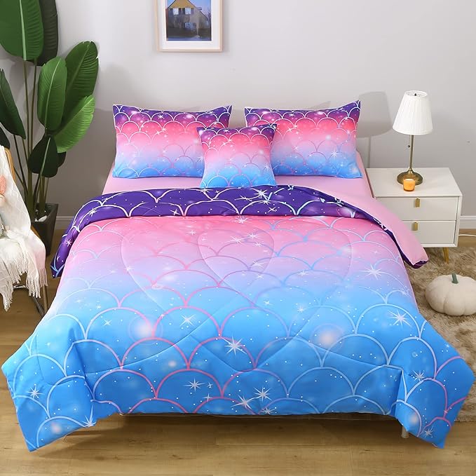 JQinHome Twin Size Mermaid Comforter Set, 6 Piece Bed in A Bag 3D Colorful Bedding Set for Girls kids (1 Comforter,2 Pillowcases,1 Flat Sheet,1 Fitted Sheet,1 Cushion Cover)(Pink Mermaid Scale) - LeafyLoom