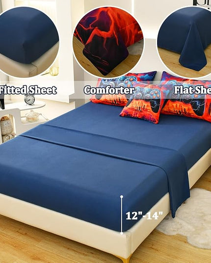 Game Console Full Comforter Set with Sheets, Microfiber 6 Pcs Bed in A Bag Full Size Gamer Bedding Set for Boys Kids Teens - LeafyLoom