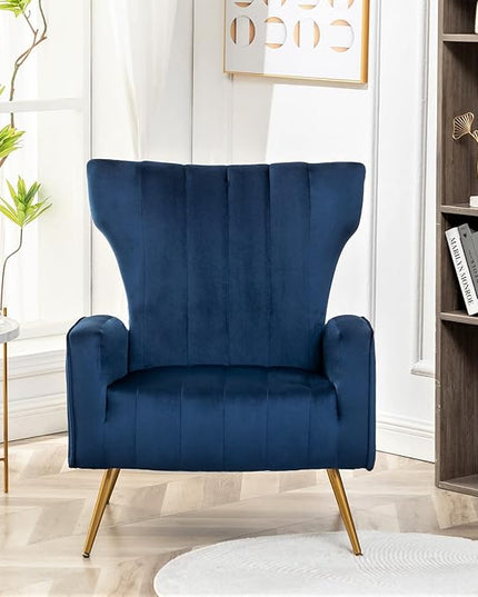Armchair Modern Velvet Accent Chair, Channel Tufted Bedroom, Office or Living Room Furniture with Elegant Metal Legs, Blue - LeafyLoom