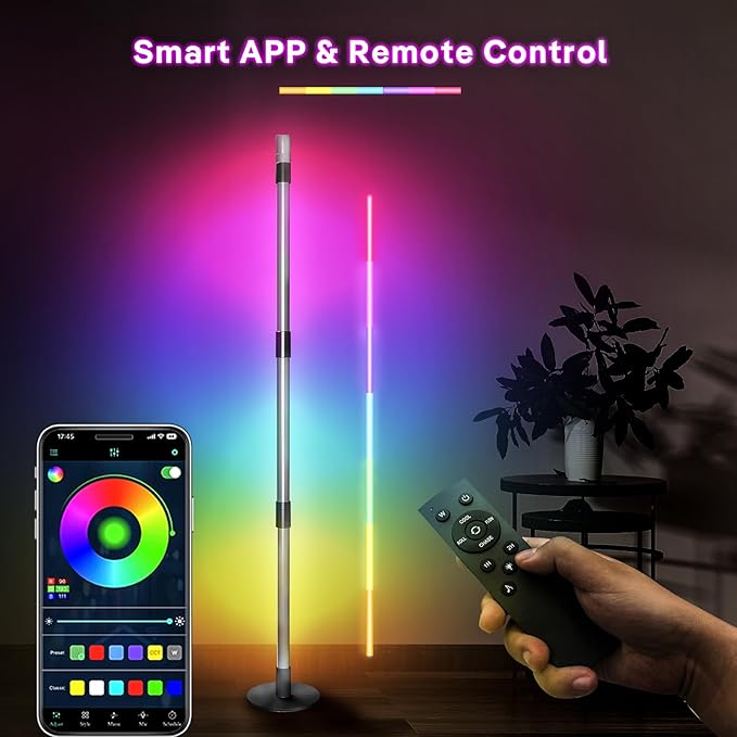 RGB+IC Floor Lamp, 2 Pack Smart LED Corner Lamp with Music Sync and 16 Million DIY Colors, App & Remote Control, 360° Rotating Standing Floor Lamp with Spotlight for Bedroom Living Room - LeafyLoom