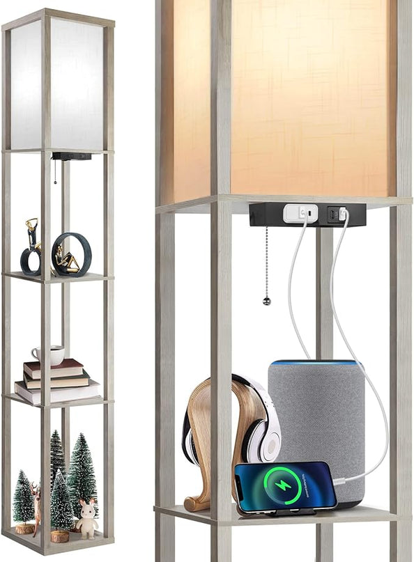 OUTON Floor Lamp with Shelves, LED Shelf Floor Lamp with 1 USB & 1 Type C Ports, 1 AC Outlet, 3 Color Temperature, Storage Display Wood Column Tall Standing Lamp for Living Room, Bedroom Office, Grey - LeafyLoom