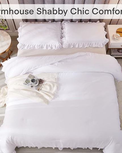 Andency White Comforter Full Size, 3 Pieces Solid Farmhouse Shabby Chic Ruffle Bedding Sets, All Season Soft Lightweight Comfy Down Alternative Bed Set for Girls Teens Men Women - LeafyLoom