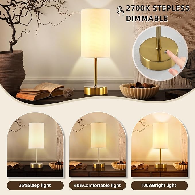 2PCS Cordless Table Lamp, Built-in 5000mAh Rechargeable Table Lamp Cordless, Stepless Dimmable Brightness Battery Powered Lamp, Wireless Lamp with Memory Function for Dining Room, Bedroom (GOLD-2PCS) - LeafyLoom