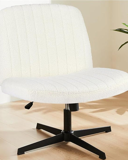 Sweetcrispy Office Chair No Wheels - Armless Desk Chair No Wheels Cross Legged Office Chair Wide Swivel Teddy Fabric Home Office Desk Chairs - LeafyLoom