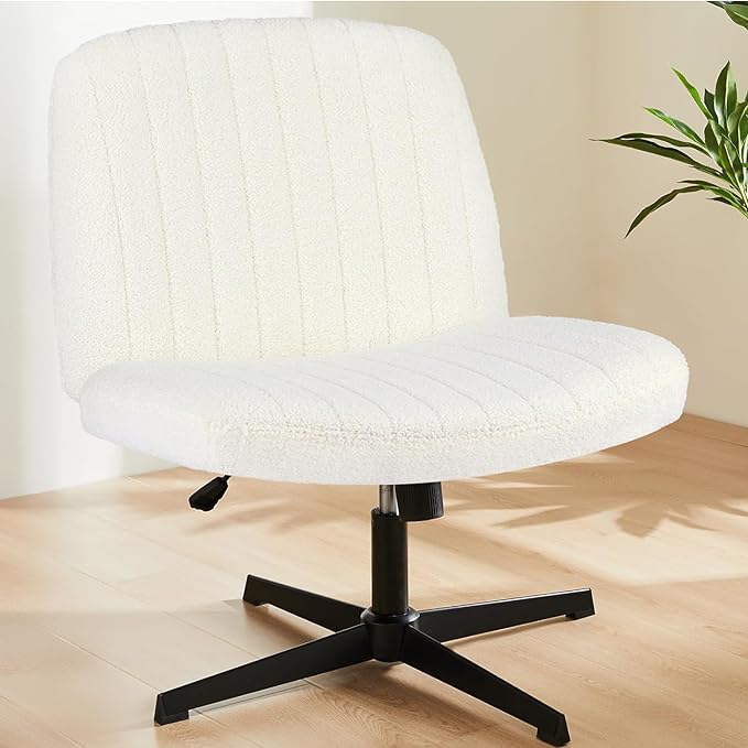 Sweetcrispy Office Chair No Wheels - Armless Desk Chair No Wheels Cross Legged Office Chair Wide Swivel Teddy Fabric Home Office Desk Chairs - LeafyLoom