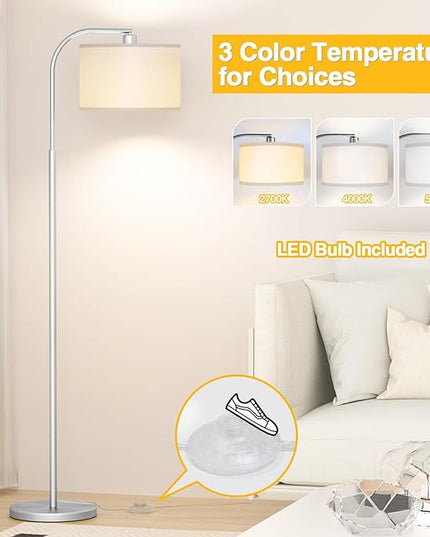 Arc Floor Lamps for Living Room with 3 Color Temperatures, Modern Floor Lamp Reading Light with 9W Bulb Included, Standing Lamp with Adjustable White Hanging Shade for Bedroom Office(Silver) - LeafyLoom
