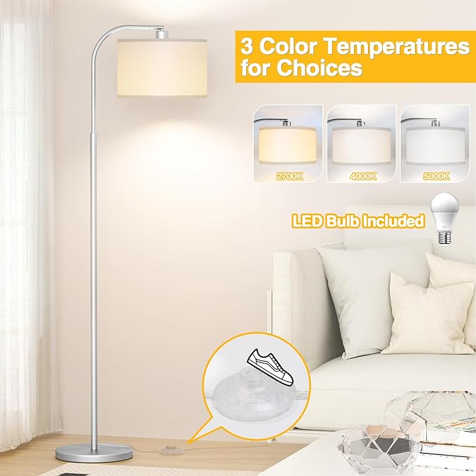 Arc Floor Lamps for Living Room with 3 Color Temperatures, Modern Floor Lamp Reading Light with 9W Bulb Included, Standing Lamp with Adjustable White Hanging Shade for Bedroom Office(Silver) - LeafyLoom