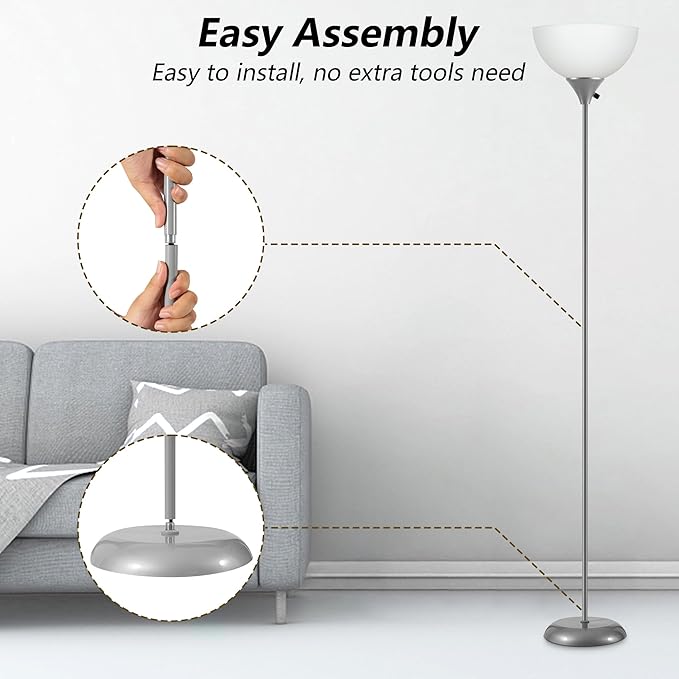 Floor Lamps for Living Room, Dimmable LED Modern Simple Standing Lamp, Tall Lamps for Bedroom Office Dining Room Kitchen, Minimalist Black Pole Lamp with Rotary Switch, 9W LED Bulb Included, Grey - LeafyLoom