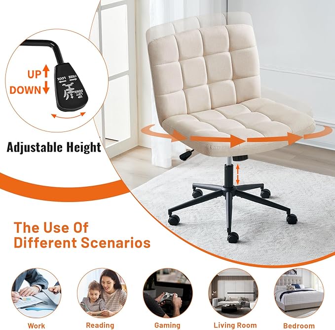 Furniliving Home Office Desk Chair with Wheels,Criss Cross Legged Wide Chair Armless Height Adjustable Chair with Mid Back Swivel Accent Vanity Chairs,Linen-Beige - LeafyLoom