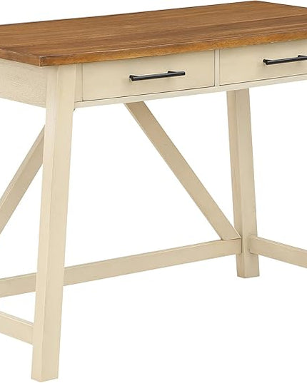 OSP Home Furnishings Milford Rustic 42 Inch Writing Desk with 2 Drawers and Burnished Decorative Hardware, Antique White - LeafyLoom