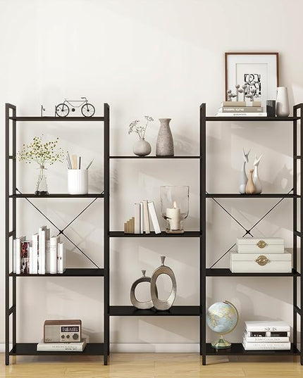 Panana Triple 4 tier bookshelf, Industrial Bookcase with 11 Open Display Shelves Wide Book Shelf Book Case with Metal Frame for Living Room Home Office (Black) - LeafyLoom