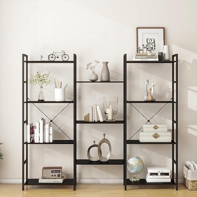 Panana Triple 4 tier bookshelf, Industrial Bookcase with 11 Open Display Shelves Wide Book Shelf Book Case with Metal Frame for Living Room Home Office (Black) - LeafyLoom